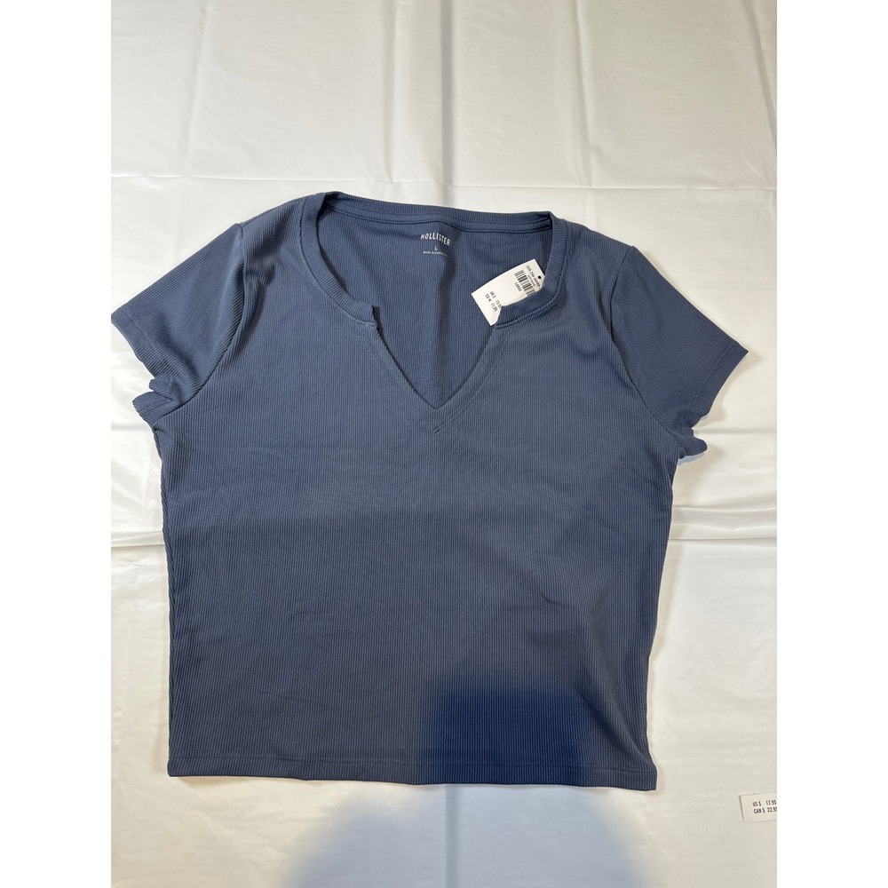 Hollister Womens Ribbed Split Neck Short Sleeve T-Shirt Blue Large New